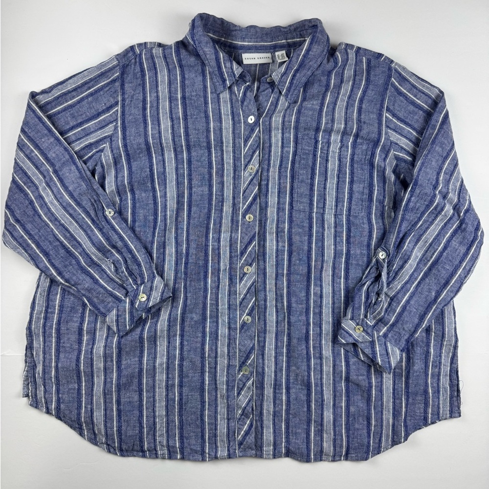 Susan Graver Navy and White Striped women’s long sleeve button up shirt size xxl